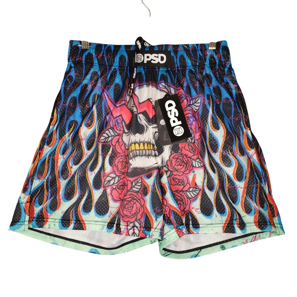 PSD Flames N Bones Skull Roses Mesh Athletic Shorts Size S‎